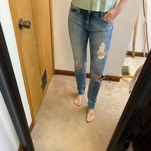 Blank NYC straight leg distressed bleach wash slub jeans